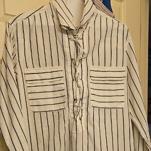 Equipment White and Black Casual Button Down Shirt with Stripes